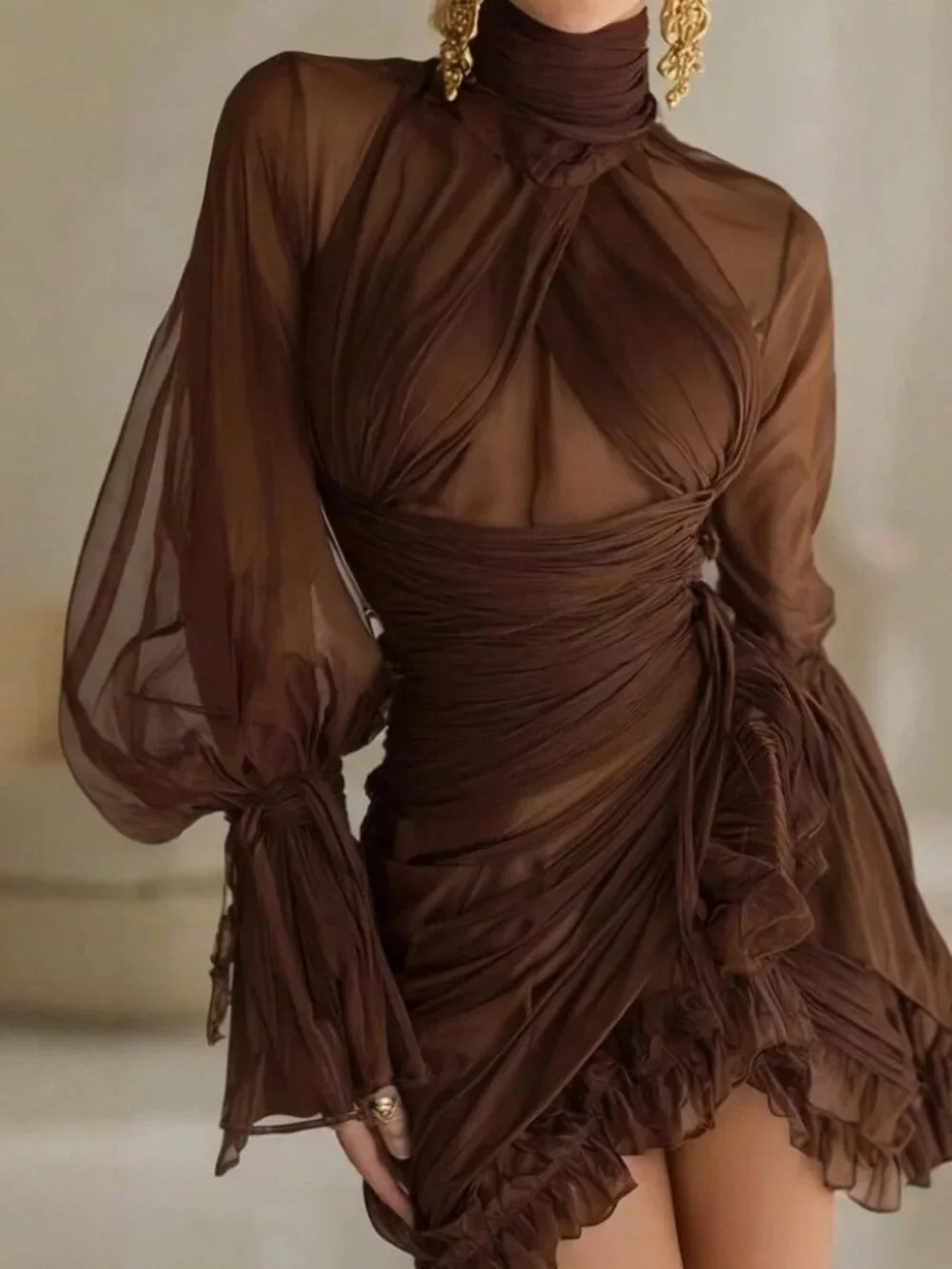 Brown Vintage Women's Ruffled High-Neck Dress with Pleated Paneling - Picture 4 of 4